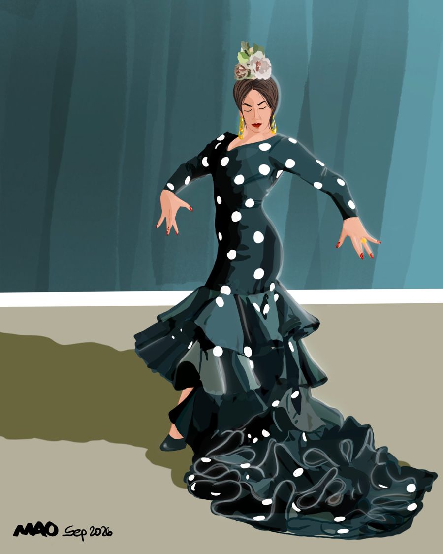 Flamenco dancer in a dark polka dot dress with a long ruffled train