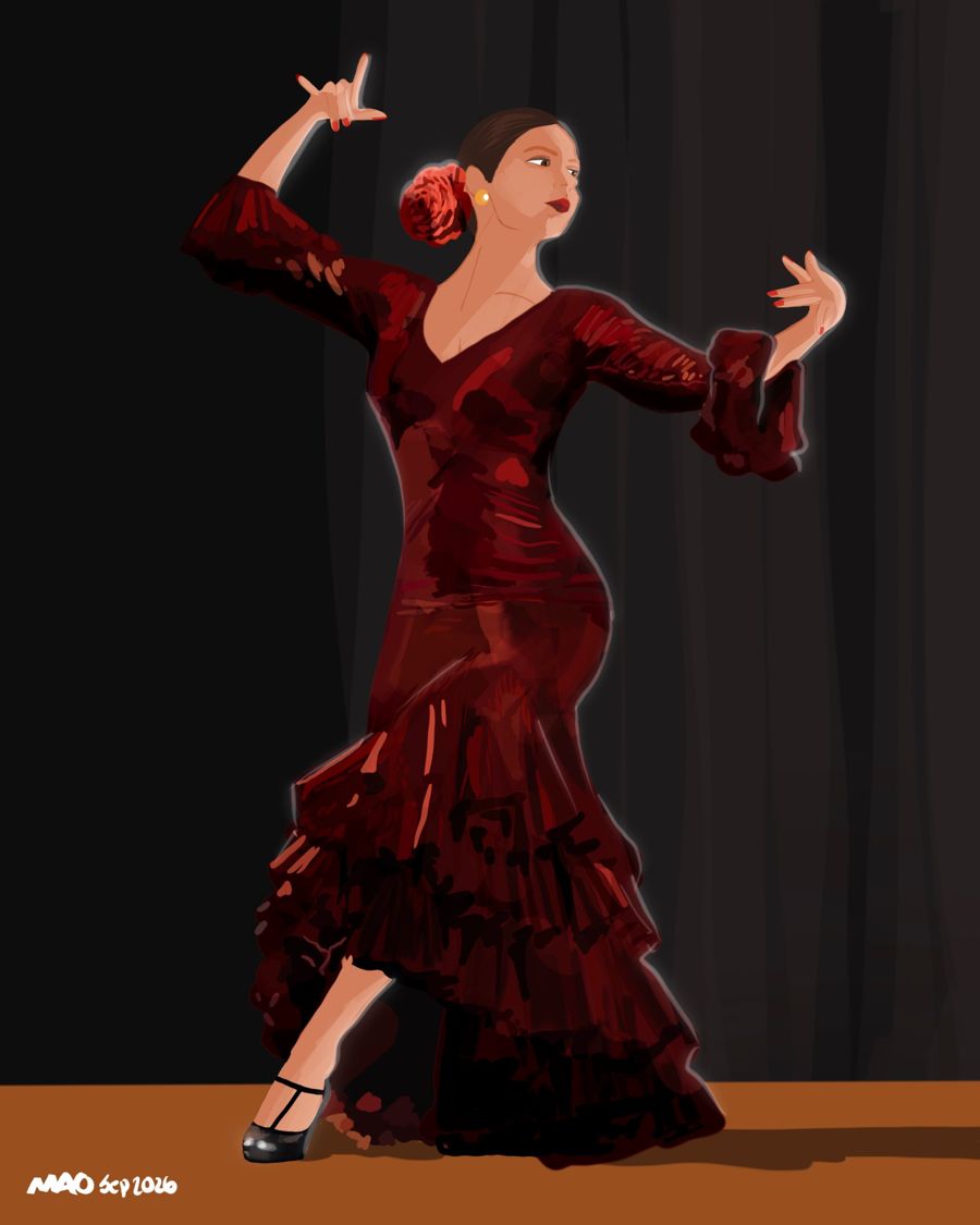 Flamenco dancer in a deep red ruffled dress on a dark stage