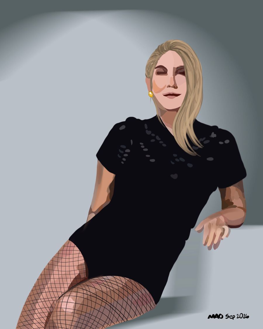 Seated woman with blonde hair in a black top against a grey backdrop