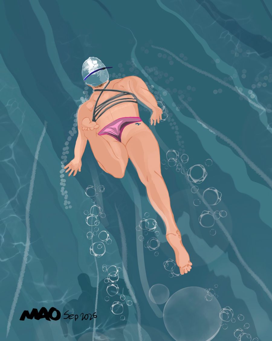 Overhead view of a swimmer in a cap gliding through teal water and bubbles