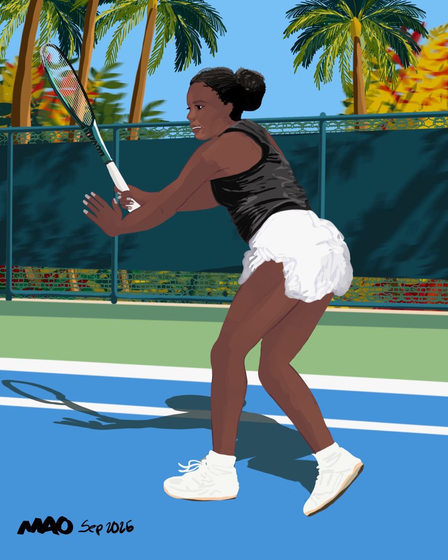 Tennis player with a two handed backhand on a blue court under palm trees